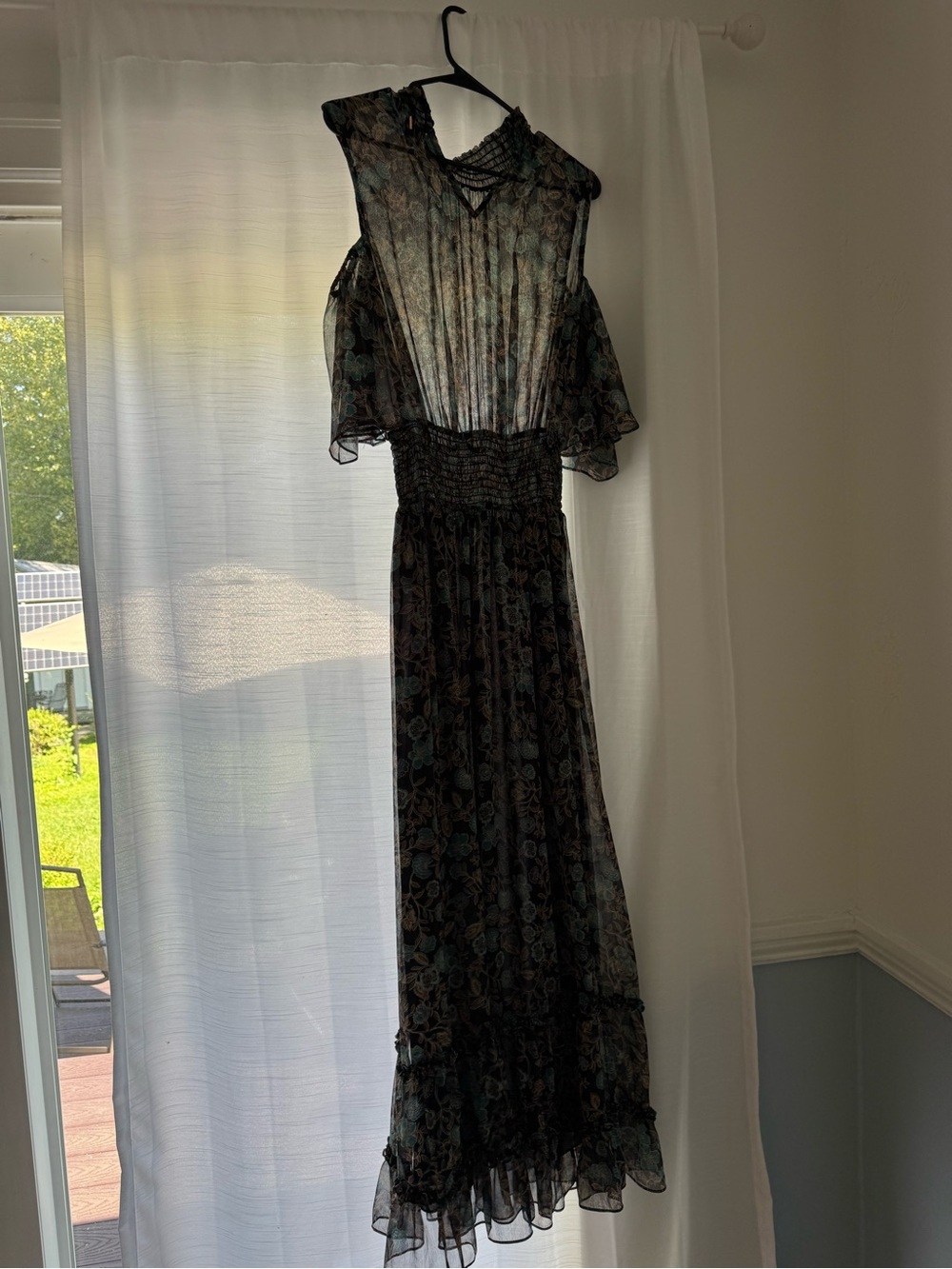 Misa Los Angeles Black Sheer Floral Maxi Dress with Teal Accents